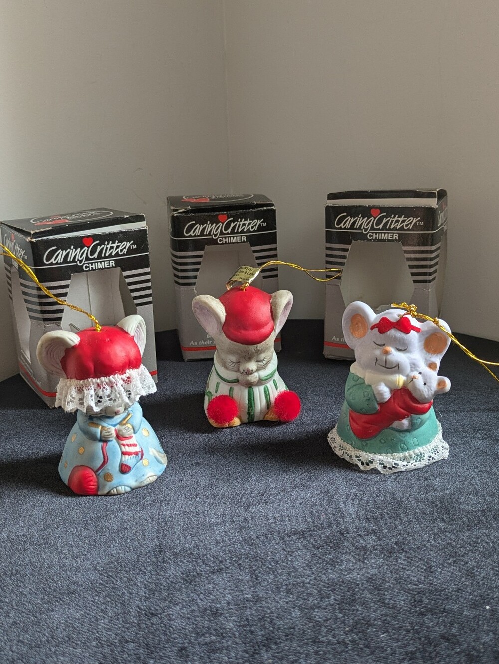 Vintage Caring Critter Chimer Christmas Mouse Ornaments Lot Of Three
